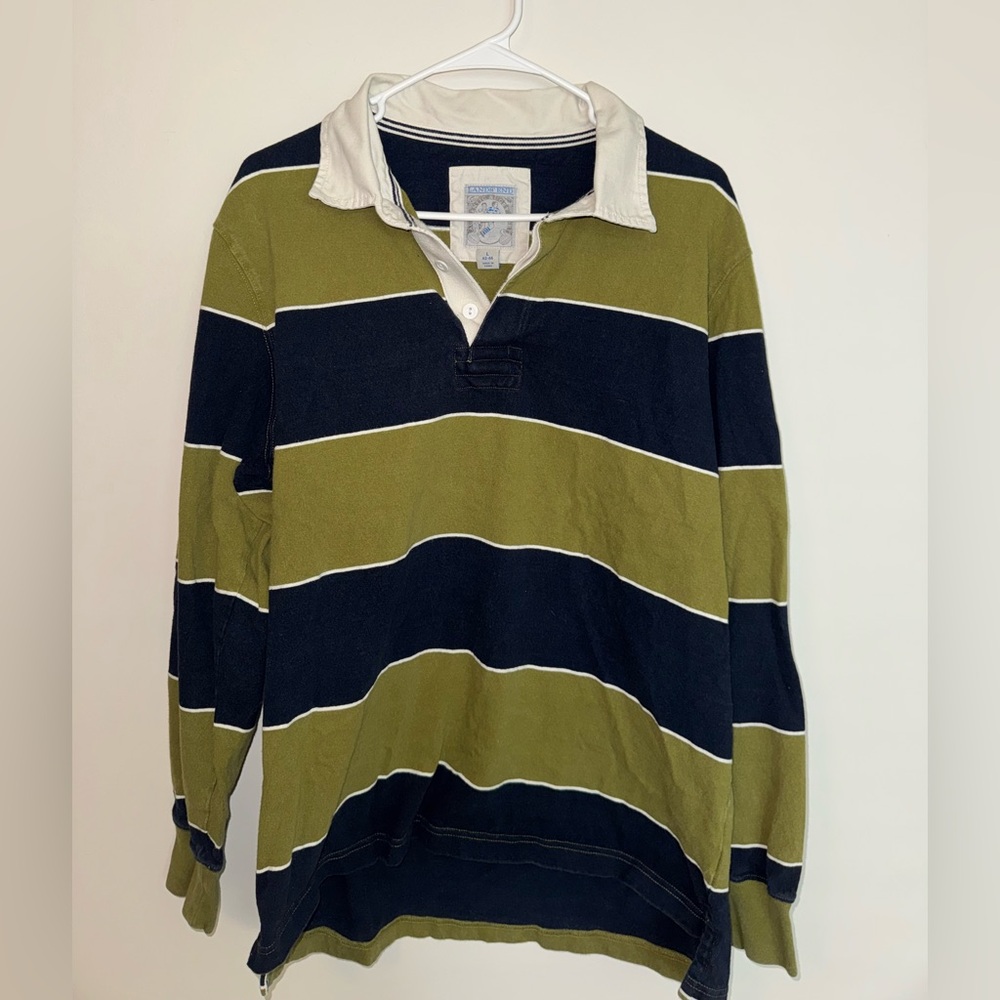 Men’s Lands End Striped Rugby Shirt in Green and Navy